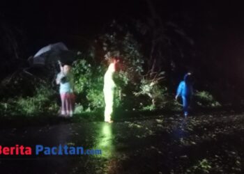 Petugas Polsek Kebonagung bersama warga segera melakukan evakuasi dan pembersihan material pohon yang menutup jalan.(Foto: Istimewa for Berita Pacitan).