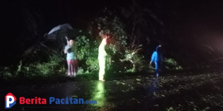 Petugas Polsek Kebonagung bersama warga segera melakukan evakuasi dan pembersihan material pohon yang menutup jalan.(Foto: Istimewa for Berita Pacitan).