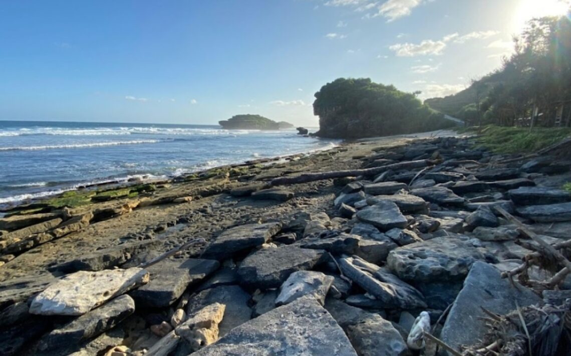 Karakter bebatuan karst yang unik di bibir Pantai Blosok menghadirkan nuansa alami yang jarang ditemui. Ombaknya yang kuat berpadu dengan panorama tebing hijau, menciptakan pesona liar khas pantai selatan Pacitan. (Foto: Ekspedisi Merah Putih for Berita Pacitan).