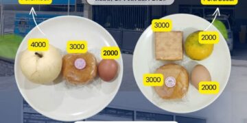 Menu Makan Bergizi (MBG) yang disajikan SPPG Sidomulyo 1, Kecamatan Kebonagung, Pacitan, menampilkan perbedaan porsi kecil dan porsi besar beserta rincian estimasi harga tiap item makanan. Rabu (25/2/2026). (Foto: Dok. SPPG Sidomulyo 1).