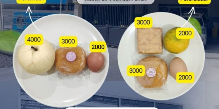 Menu Makan Bergizi (MBG) yang disajikan SPPG Sidomulyo 1, Kecamatan Kebonagung, Pacitan, menampilkan perbedaan porsi kecil dan porsi besar beserta rincian estimasi harga tiap item makanan. Rabu (25/2/2026). (Foto: Dok. SPPG Sidomulyo 1).